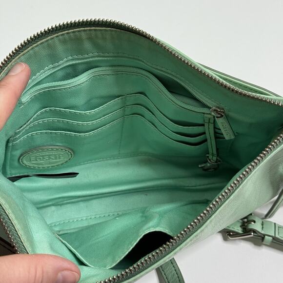 Fossil Mint Green Cowhide Leather Sydney Zip Top Crossbody Handbag Purse Medium - Picture 10 of 16